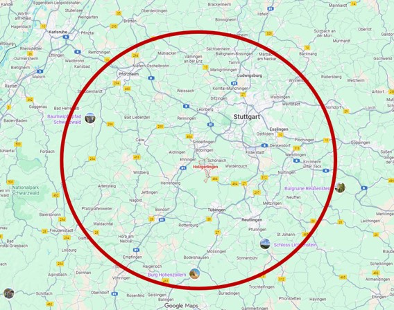 Karte des Einsatzgebiets rund um Stuttgart
